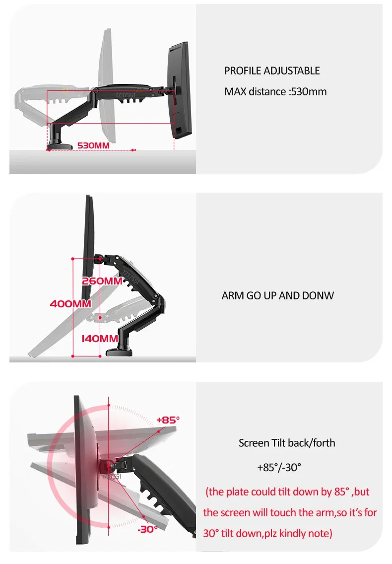D-MOUNT K80 메탈 17-30인치 모니터 데스크탑 스탠드 마운트 가스 스프링 암 풀 모션 회전 클램프 그로멧 2-9KG