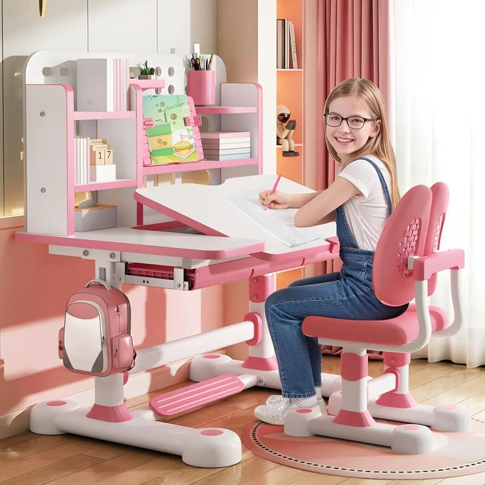 

Adjustable Height Kids Desk and Chair Set with Storage, Art Desk, and Book Stand for Ages 3-12 (Pink)