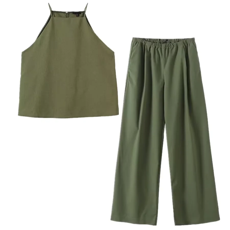 

Dave&Di French Minimalist Army Green Linen Blouse Casual Pants Suit Sleeveless Halter Neck Shirt Loose Trousers Two-piece Suit W
