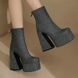 2024 Women Ankle Boots Platform Thick High Heel Ladies Short Boots Microfiber High Quality Zipper Dress Women's Shoes Plus Size