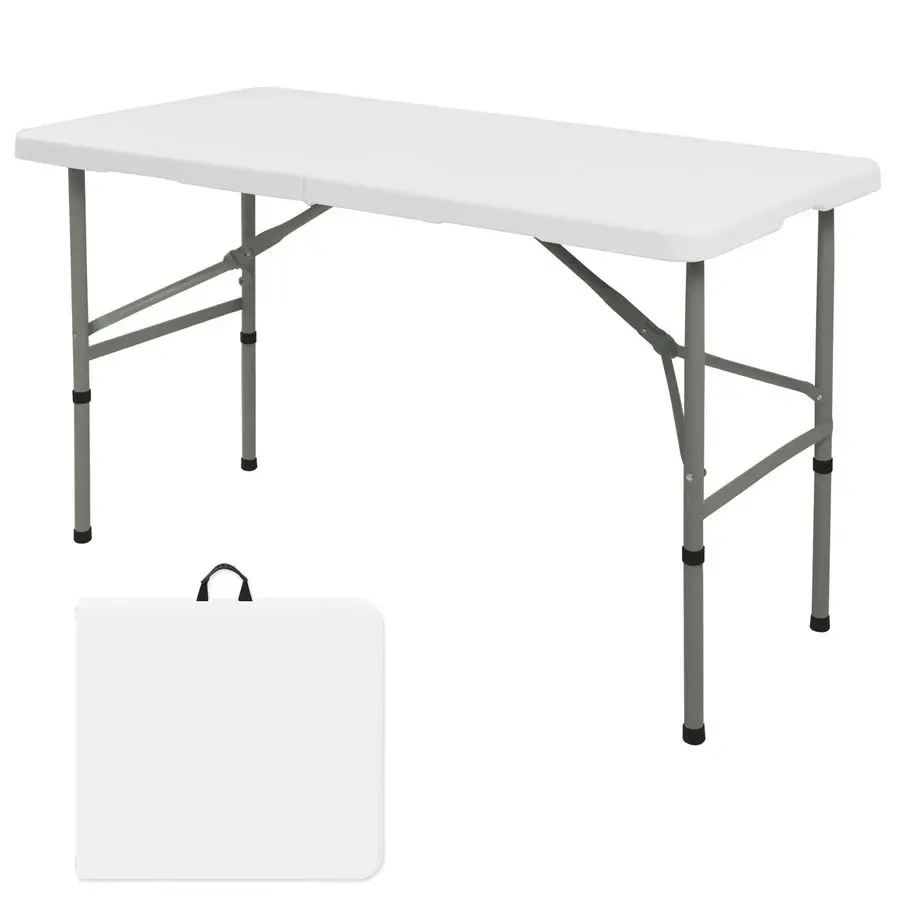 

Table 4FT Camping Table Portable Heavy Duty Plastic Rectangular Outdoor Dining Table Steel Legs FoldinHalf with Carrying Handle