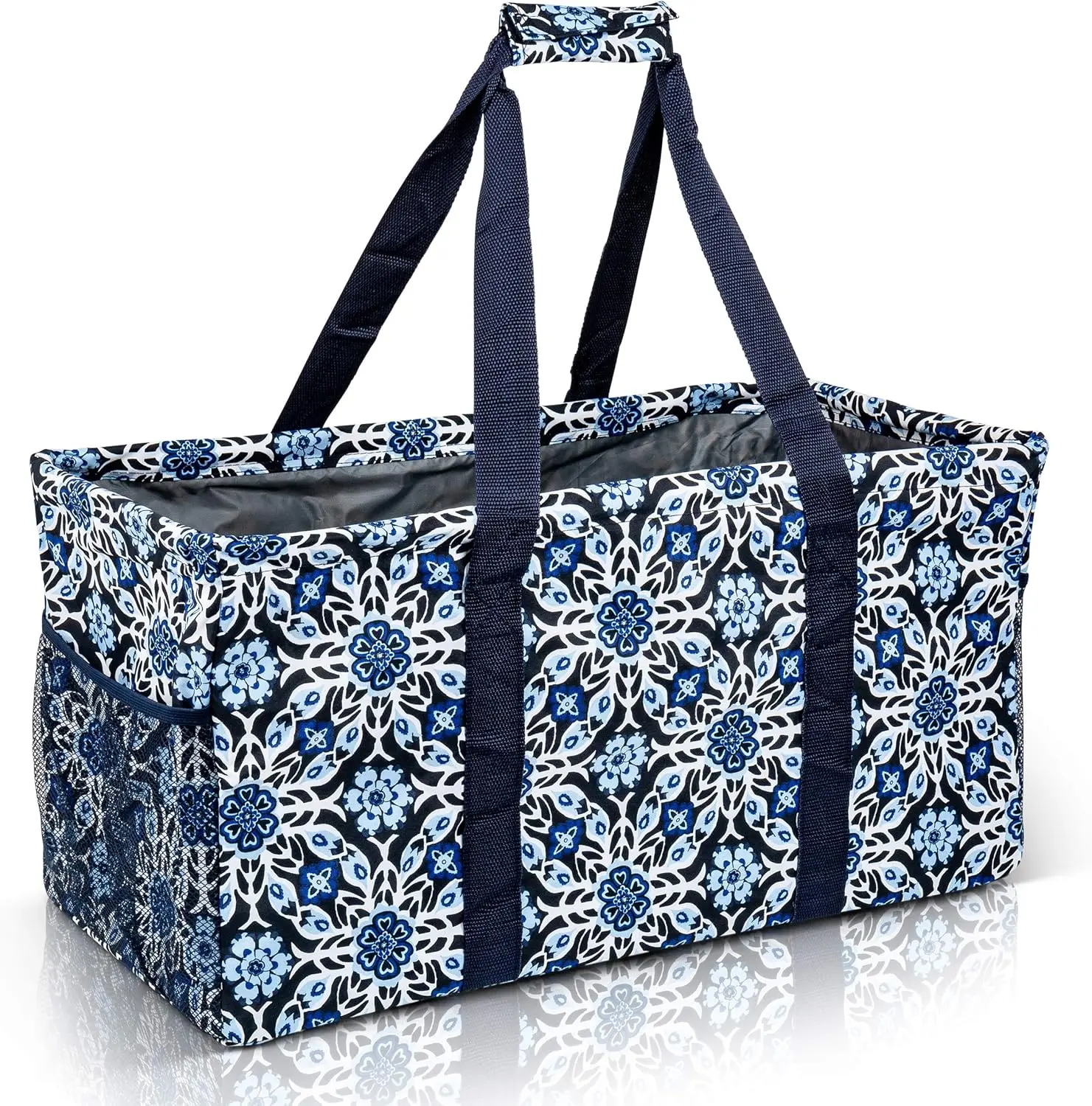 Bolso de mano de lona plegable de gran tamaño con bolsillos para playa, piscina, lavandería, almacenamiento - Copo de nieve azul