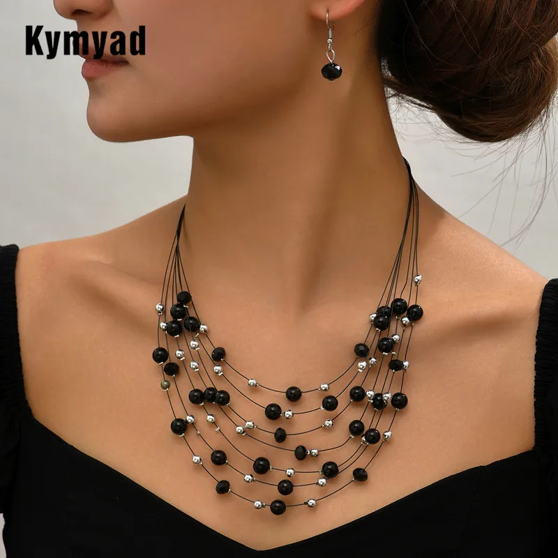 Kymyad Trendy Jewelry Set For Women Simulated Pearl Crystal Shell Mixed Multilayer Ladies Jewelry Necklaces and Earring Set