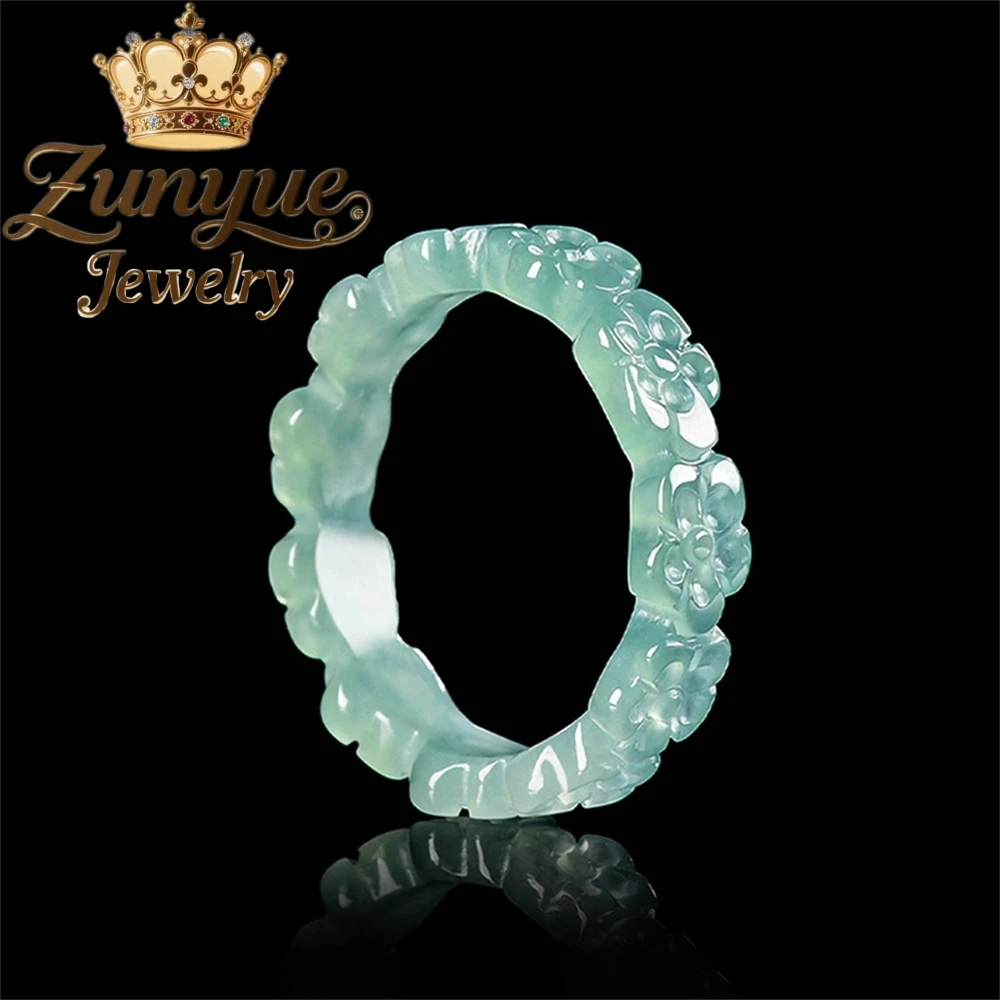 

Natural A - Grade Jadeite Blue Water Three - Dimensional Peach Blossom Ring, Ice - Type Jade Ring With Personality Charms Exquis