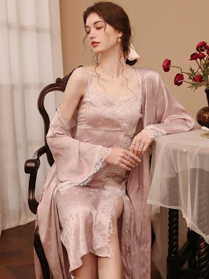 French Spaghetti Strap Slit Nightdress Robe Two Pieces Suits Spring Silk Lace Sexy Cardigan Loose Princess Nightgowns Loungewear