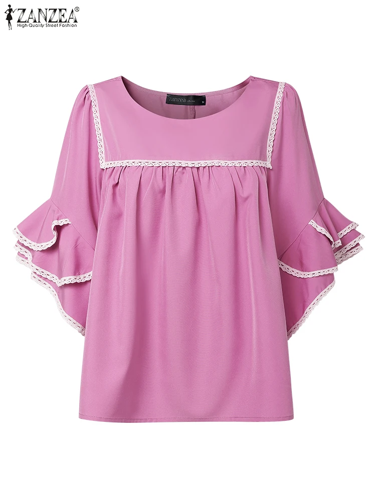ZANZEA Stylish Lace Trim Gathered Blouses Women Casual Loose O-Neck Layered Flare Sleeve Blusas Mujer Everyday Solid Color Tops