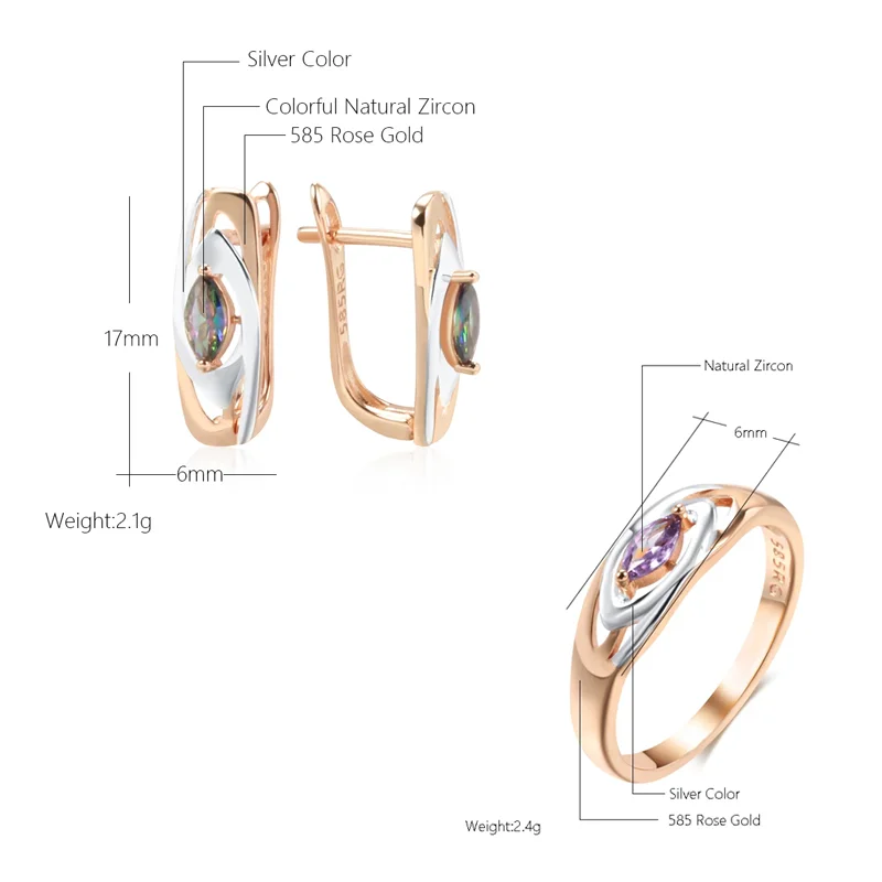 Wbmqda Luxury Colorful Stone Earrings Ring Sets For Women 585 Rose Gold Silver Mixed Trendy Natural Zircon Jewelry Accessories