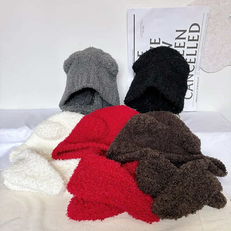 Bear ear hat female autumn and winter Korean version cute face small knitted woolen hat warm ear hat tide