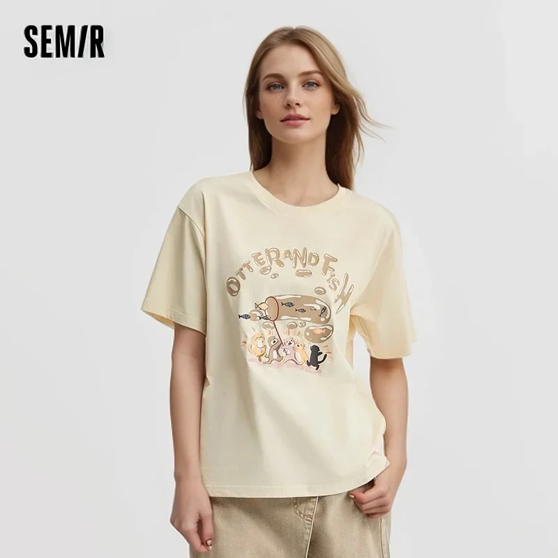 Semir Short Sleeve T-Shirt Women Loose Cartoon Printing Playful Niche 2024 New Summer Drop Shoulder Pullover Lovely