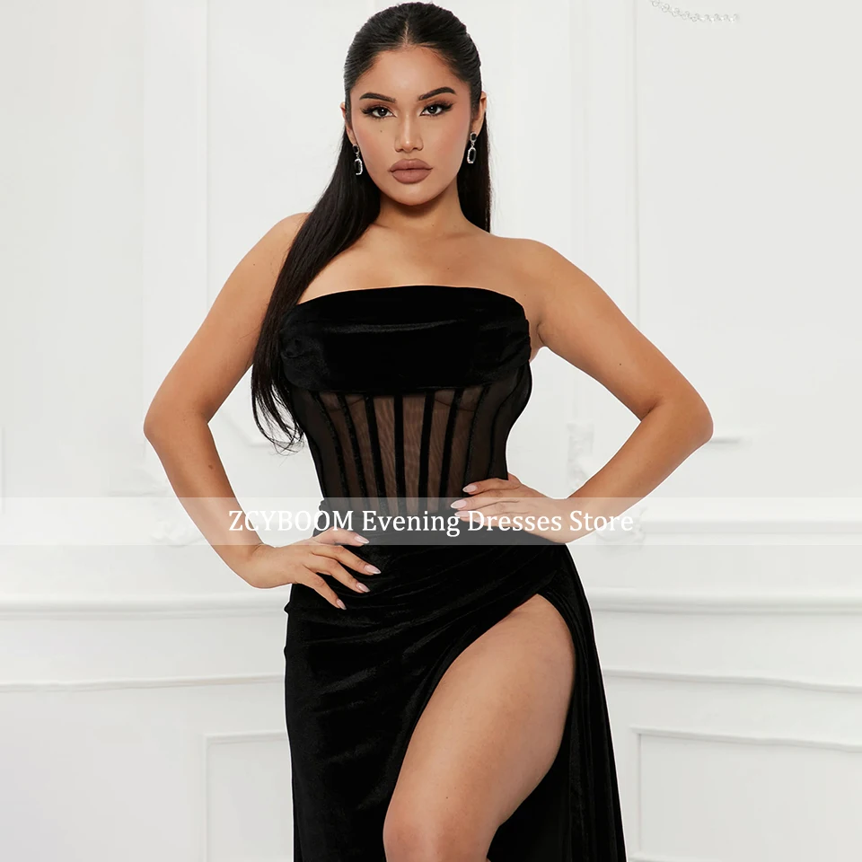 Gaun Prom Ilusi Putri Duyung Beludru Hitam Seksi 2025 Gaun Prom Pesta Klub Kelulusan Anak Perempuan Tanpa Lengan Celah Sisi Tinggi Tanpa Tali