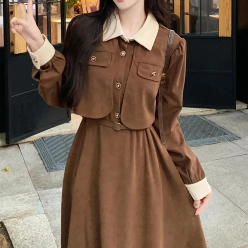 

Elegant Long Sleeve Faux Two-Piece Dress 2025 Dress Large Size Autumn Slimming Long Dress Hepburn Little Black dds2d