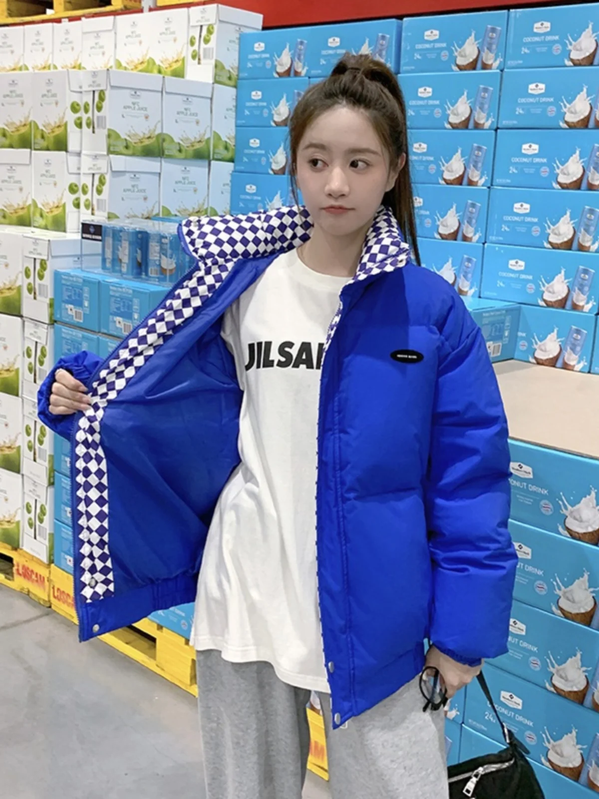 

ort Quilted Cotton Jaet Women's Plaid Warm Outerwear Loose Casual Korean Sle Faionable Trendy Cotton Coat