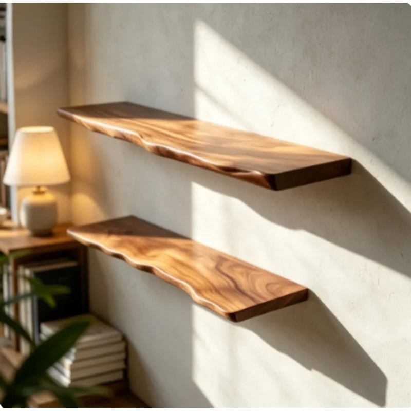 No Drill Natural Wood Floating Shelf Wall Mount Storage Display Rack Wall Decor Living Room Study
