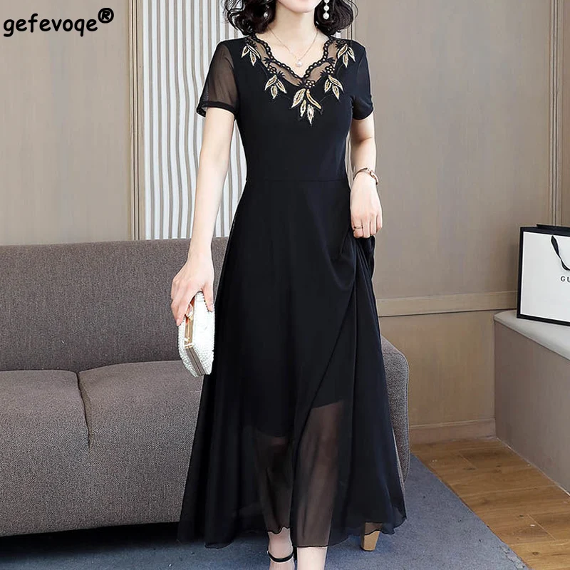 Vestido largo de encaje de manga corta para mujer, traje de malla de gasa, ajustado, con cintura nueva y temperamento elegante, de verano