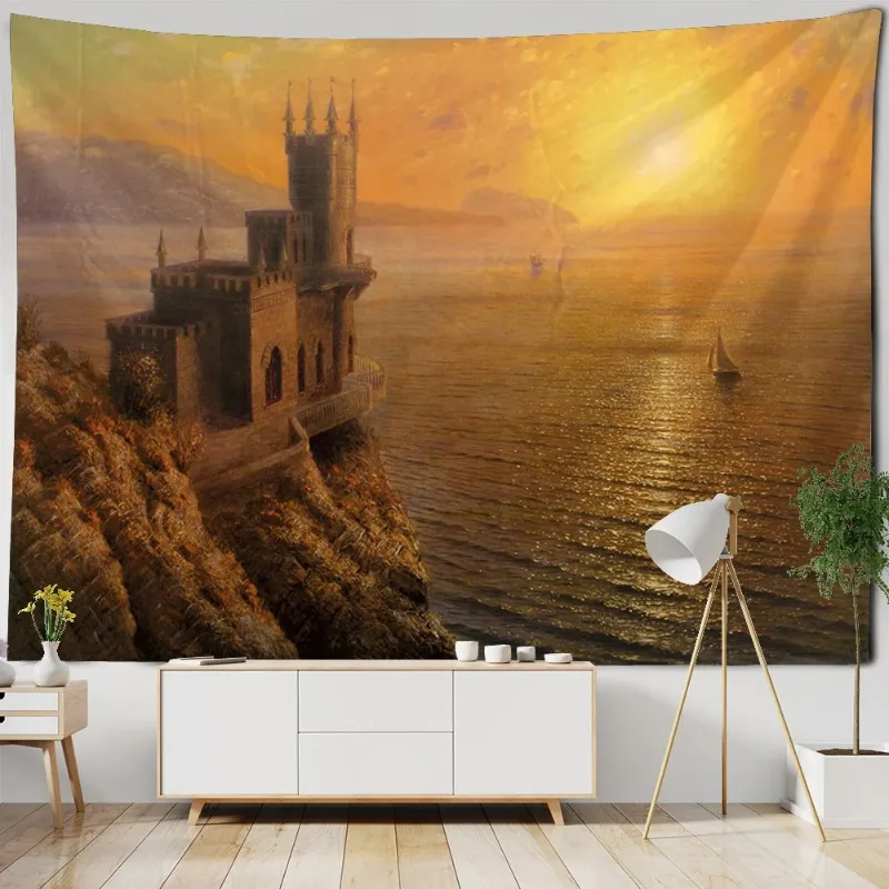 Dream Forest Castle tapestry landscape oil painting wall hanging cartoon art decoration living room bedroom wall decoration