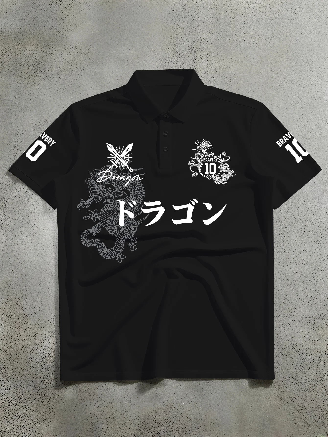 Neues Herren-Poloshirt mit kurzen Ärmeln, japanischer Stil, mit digital bedrucktem Drachenmuster auf den Ärmeln. – Detail 6