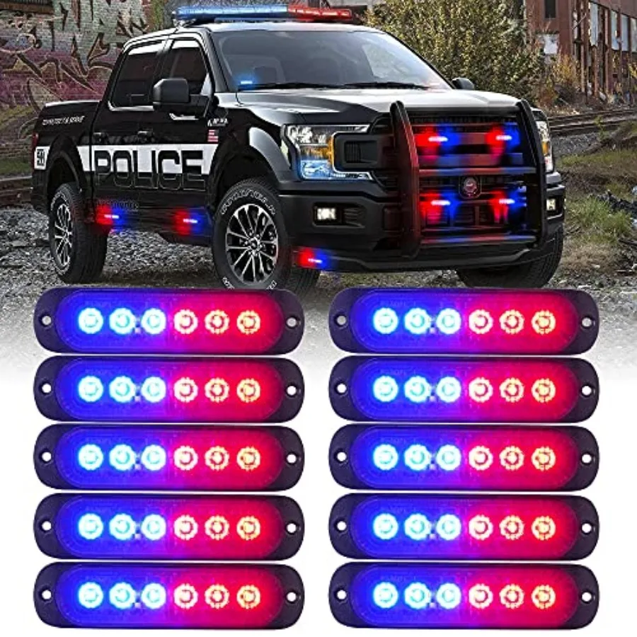 

10PCS LED Emergency Strobe Lights, Red Blue 12-LED Surface Mount Flashing Strobe Lights, Sync Feature Ultra Slim Grill Light fo