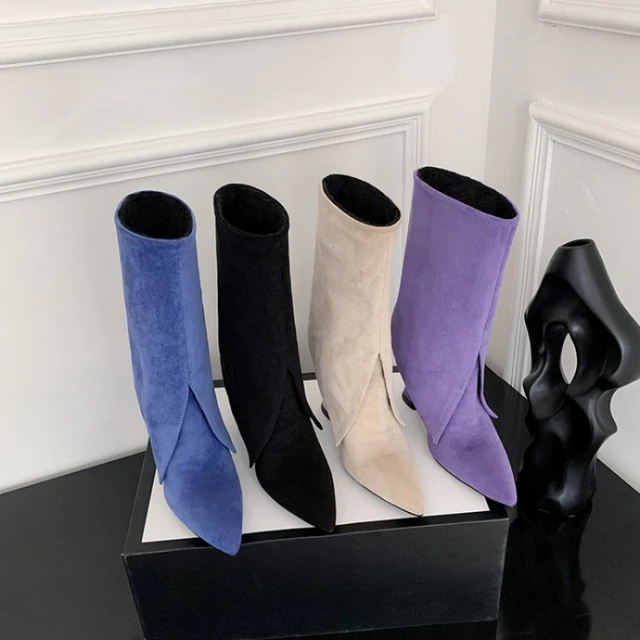 2023 Pointed Glass Purple Short Boots 34 43 Combination Denim Boots Imitation Suede Short Plush Knee Boots Leather Ankle Boots