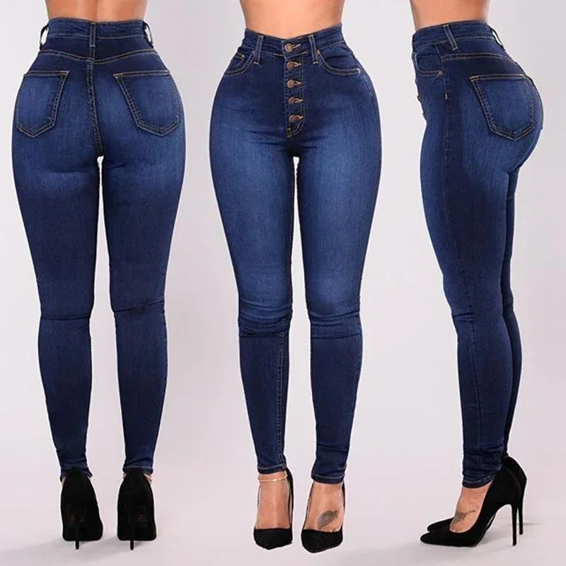 Kobiety Wysoka talia Rozciągliwe Skinny Jeans Lady Vintage Button Slim Pencil Długie spodnie Casualowe wąskie proste nogawki Wrap Hips Spodnie