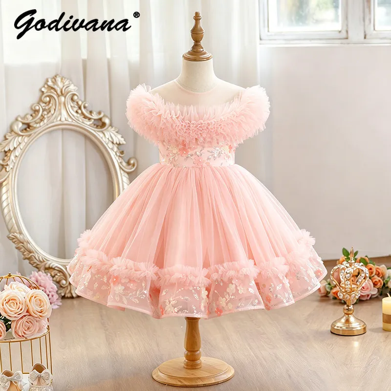 

Sweet Girls Pink Tutu Princess Dress New 2026 Summer Kids Elegant O-neck Sleeveless Floral Sequined Embroidery Performances Gown