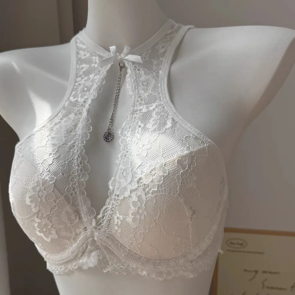 

Thin Push Up Lace Bra Set Intimates Hanging Neck Bra Panties Set Transparent Bowknot Underwear for Women Night Wear