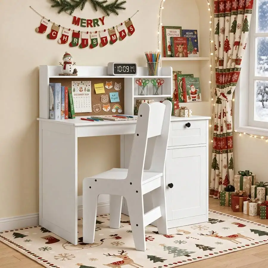 Asofer Kids Study Desk And Chair Set, Kids Study Desk With Hutch, Wooden Children Study Table With Storage Cabinet, Study Desk And Chair Set For Girls Boys,  White view 7