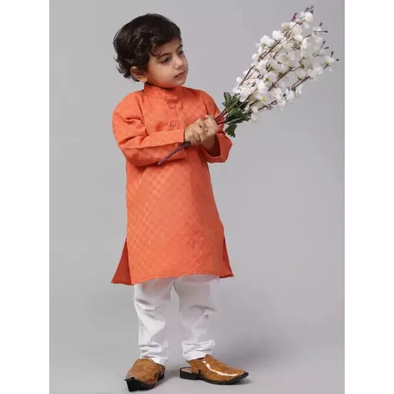 Boys Kurta Pyjama Sets Cotton Kids Indian Traditional Wear Baby (Orange Set of 1)