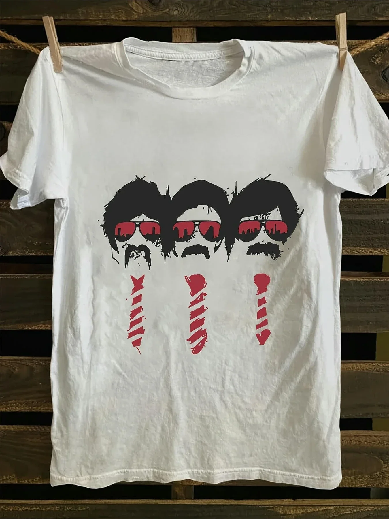 Retro Tee T Shirt Men Women Three Members Sunglasses Striped Tie Hip Hop Band Print Short Sleeve Cotton Casual Tops