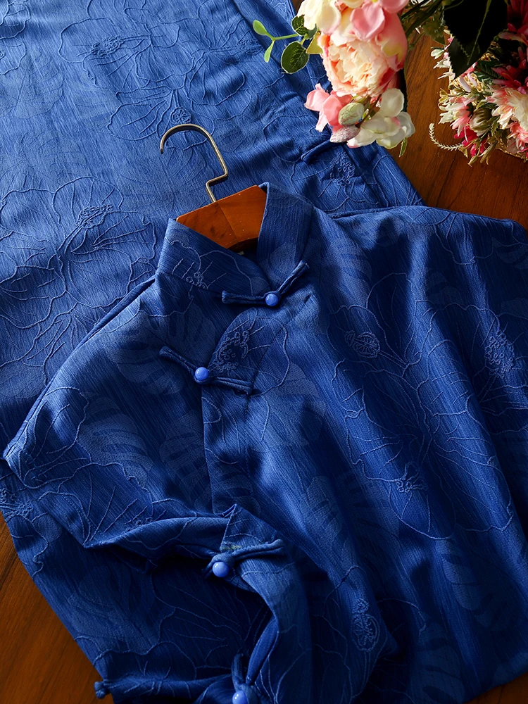 

Синий традиционный топ с полностью открытым передом, подходит для офиса, подчеркивает фигуру, скрывает живот, для повседневной носки, для больших размеров.