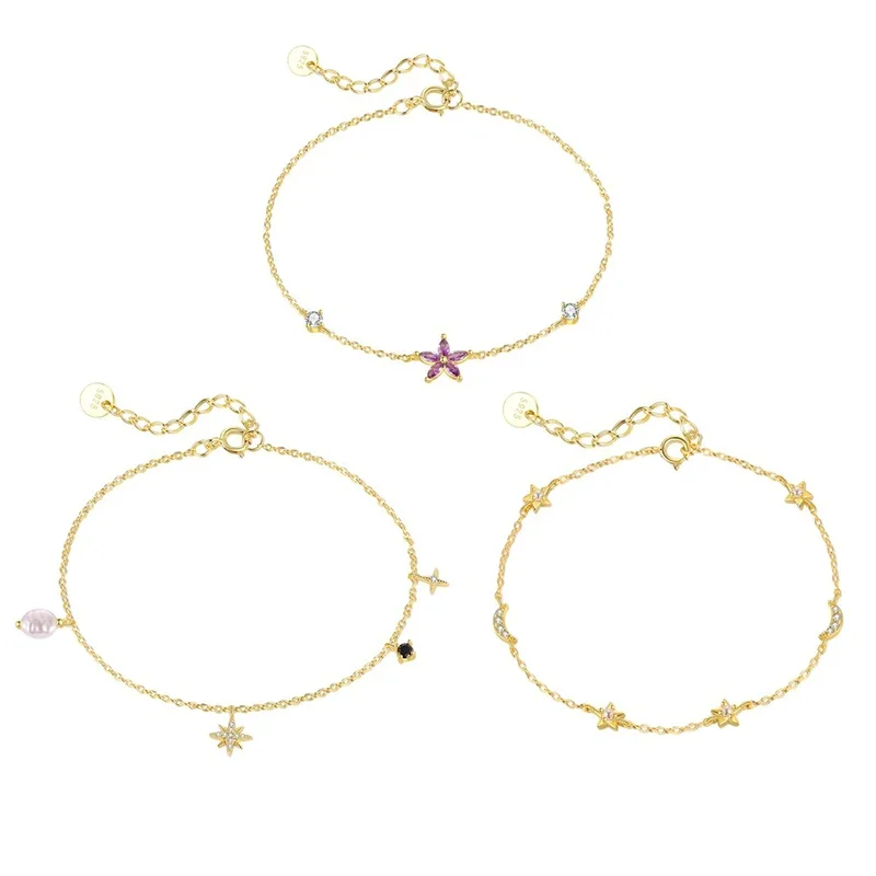 

SOFTPIG Real 925 Sterling Silver Purple Flowers Moon Zircon Chain Bracelet for Women Cute Fine Jewelry Light Luxury Accessories