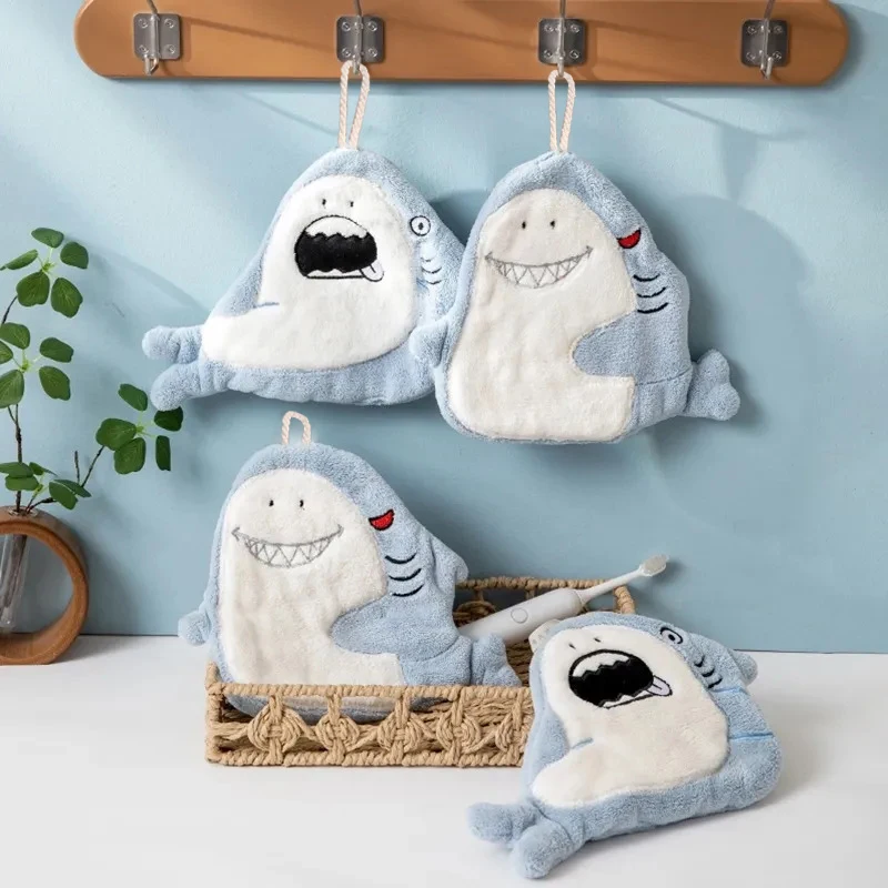 Cute Cartoon Shark Hand Towel Quick Drying Kitchen Towel Cleaning Rag Coral Velvet Absorbent Hanging Towel Bathroom Accessories