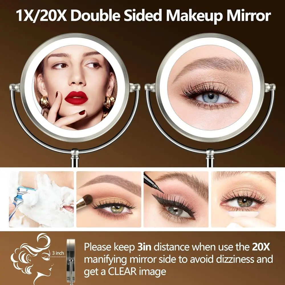 9 Rechargeable LED Makeup Mirror with 30-Minute Timer, 3 Lighting Modes, Adjustable Brightness, 360° Rotation, Pearl Nickel Fini