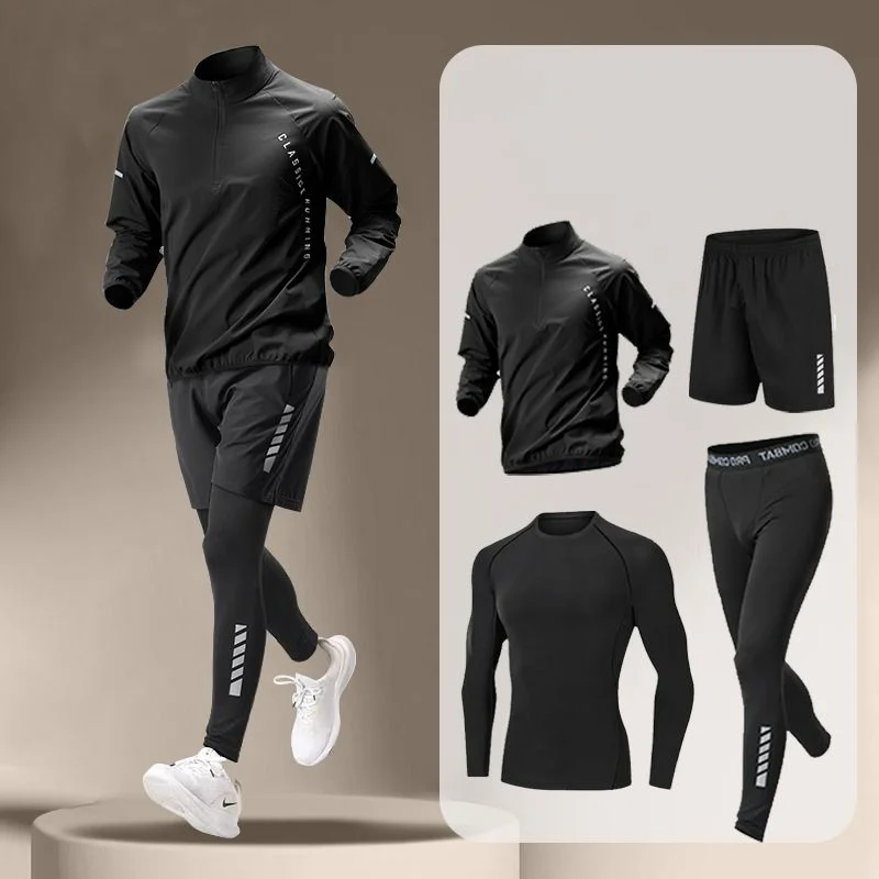 Morning Run New Track Field Sports Training Running Set Men\'s Stand Collar Half Zipper Quick Drying Clothes Long Sleeved T-shirt