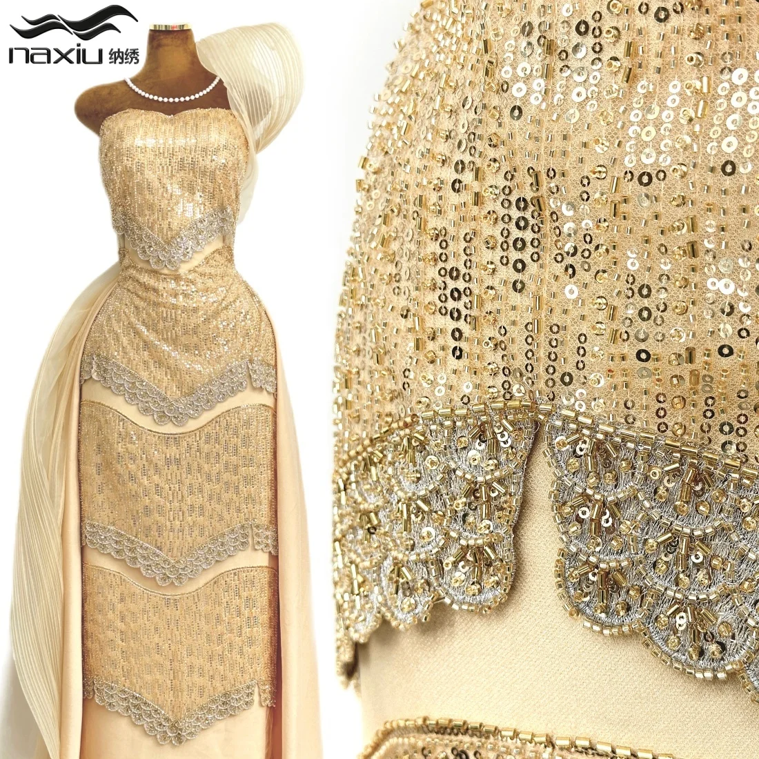

Madison 5 Yards Latest High End French Beaded Lace Fabric African Sequins Embroidery Tulle Mesh Lace For Wedding Dress Sewing