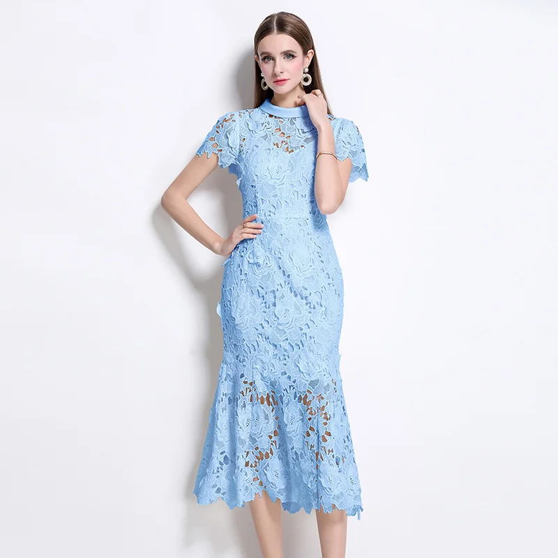 

Summer Holiday Crochet Flower Hollow Out Two Pieces Set For Women Short Sleeve Crop Top + Embroidery Lace Midi Skirt Suits