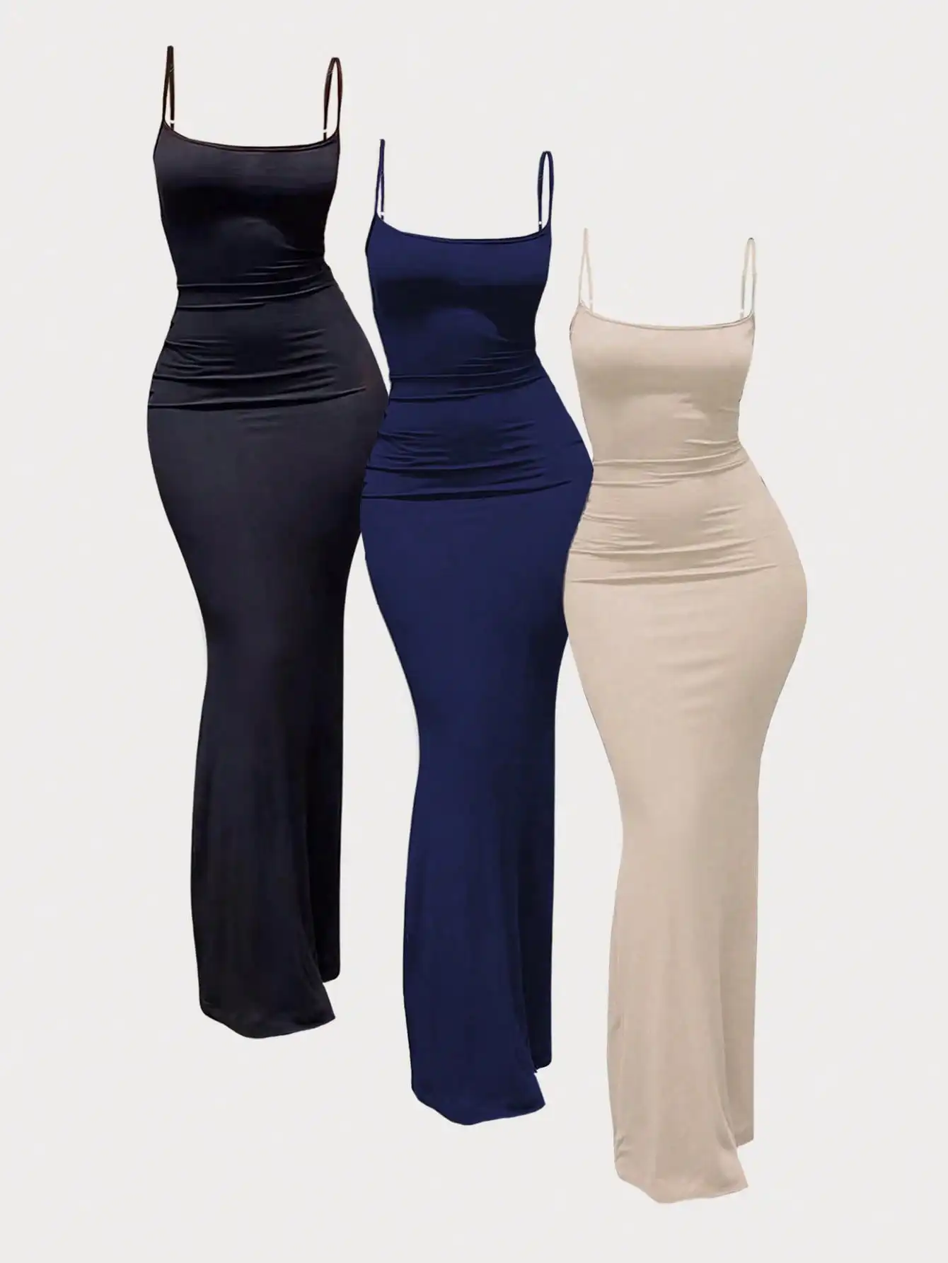 

3 Pack Women's Slim Fit Camisole Maxi Dress in Black Navy Beige