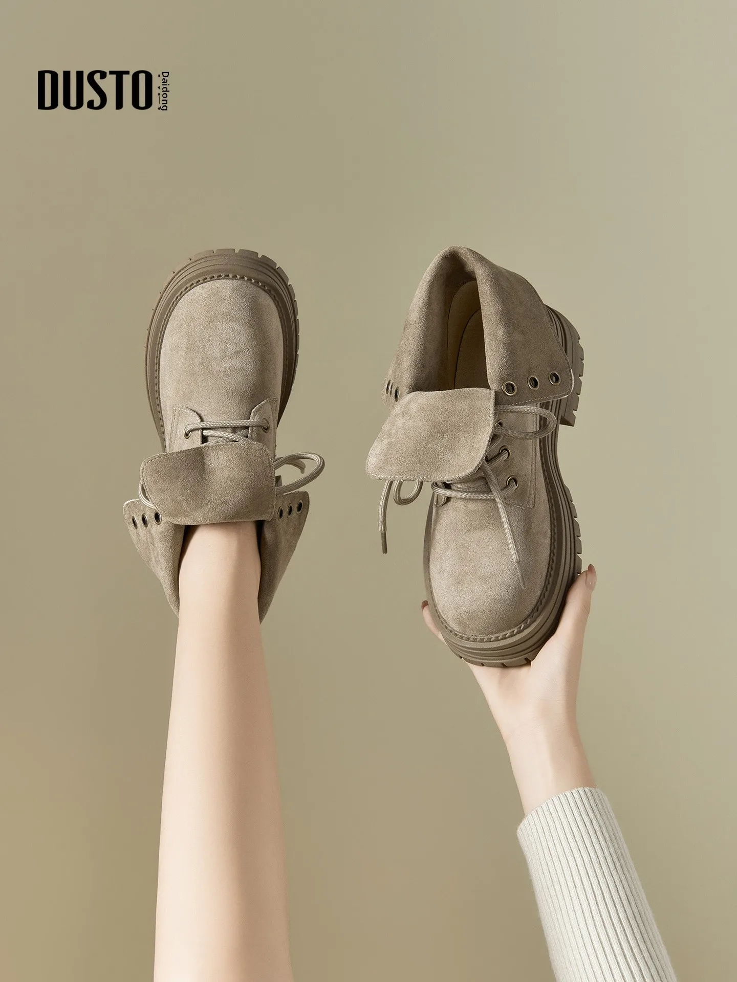 

DUSTO Retro Flip Cover Boots Women's Thick Bottom Two-Way Wear Work Boots Short Spring Autumn Casual round Toe