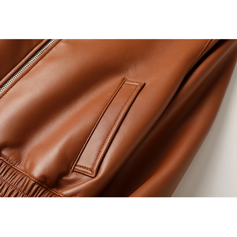 Mode Braun 100% Echtes Leder Jacken Frauen Herbst Winter Revers Zipper Kurze Schaffell Langarm Elastische Taille Jacke Mäntel