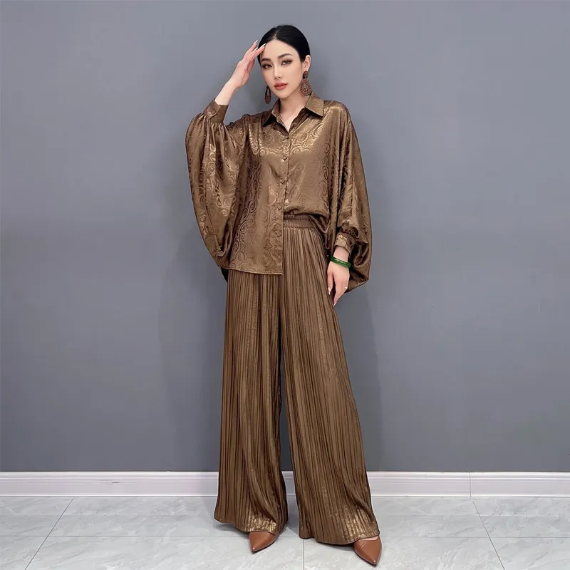 New Fashion Elegant 2 Pieces Suit Women Design Sense Batwing Sleeve Shirt Tops + Loose Pleated Wide-leg Pants Female Clothes