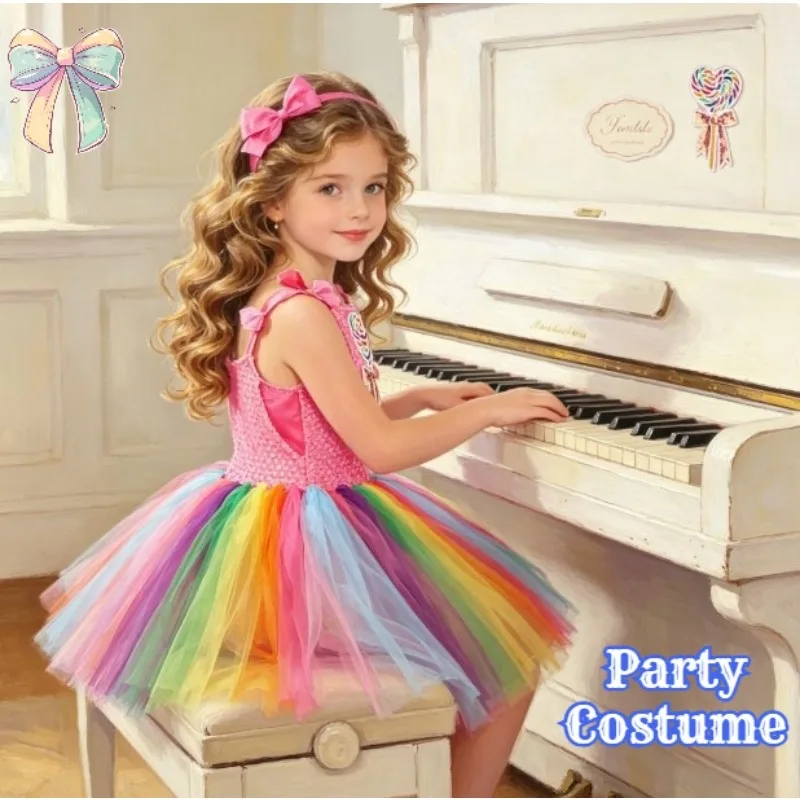 

Baby Girls Lollipop Rainbow Candy Tutu Dress Sweet Mesh Puffy Princess Dress Kids Party Costume Children Birthday Festival Dress