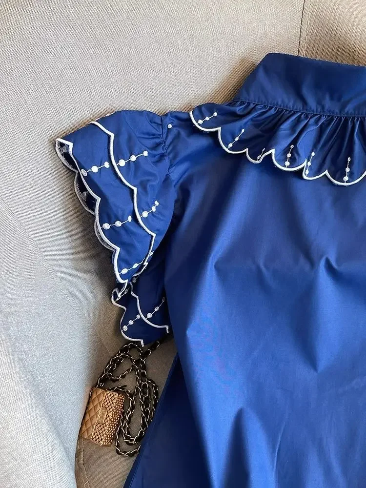 Azul voando manga camisa feminina verão novo vintage doce peter pan colarinho único breasted blusas topos 2025 verão novo