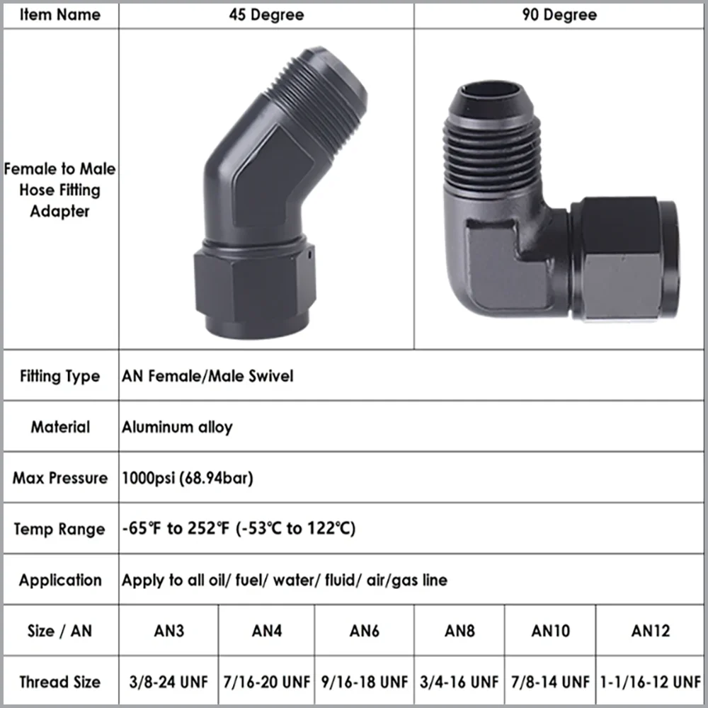 Oil Fuel Fittings Anodized Aluminum Fuel Adapter45 90 Degree Female AN3 AN4 AN6 AN8 AN10 AN12AN16 Swivel Adaptors To Male Black