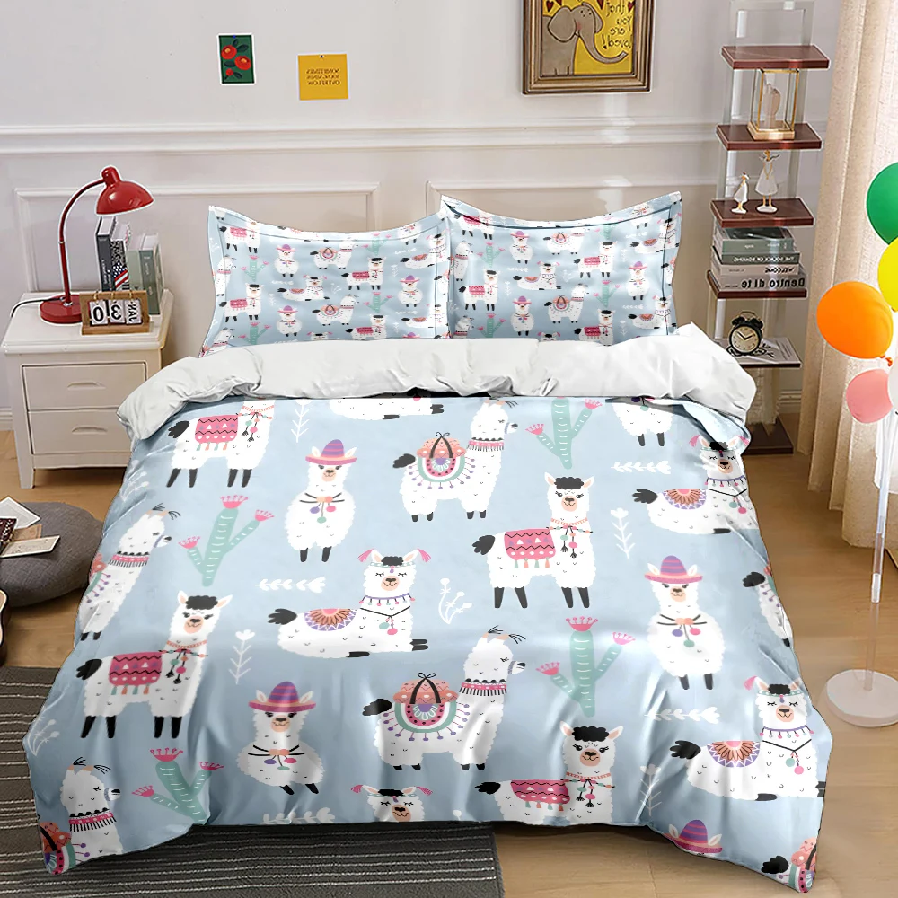 3pcs Cute llamas with cactus background Bedding Set 1 Duvet Cover 2 Pillowcases for Adult and Children Luxury Gift Full Size