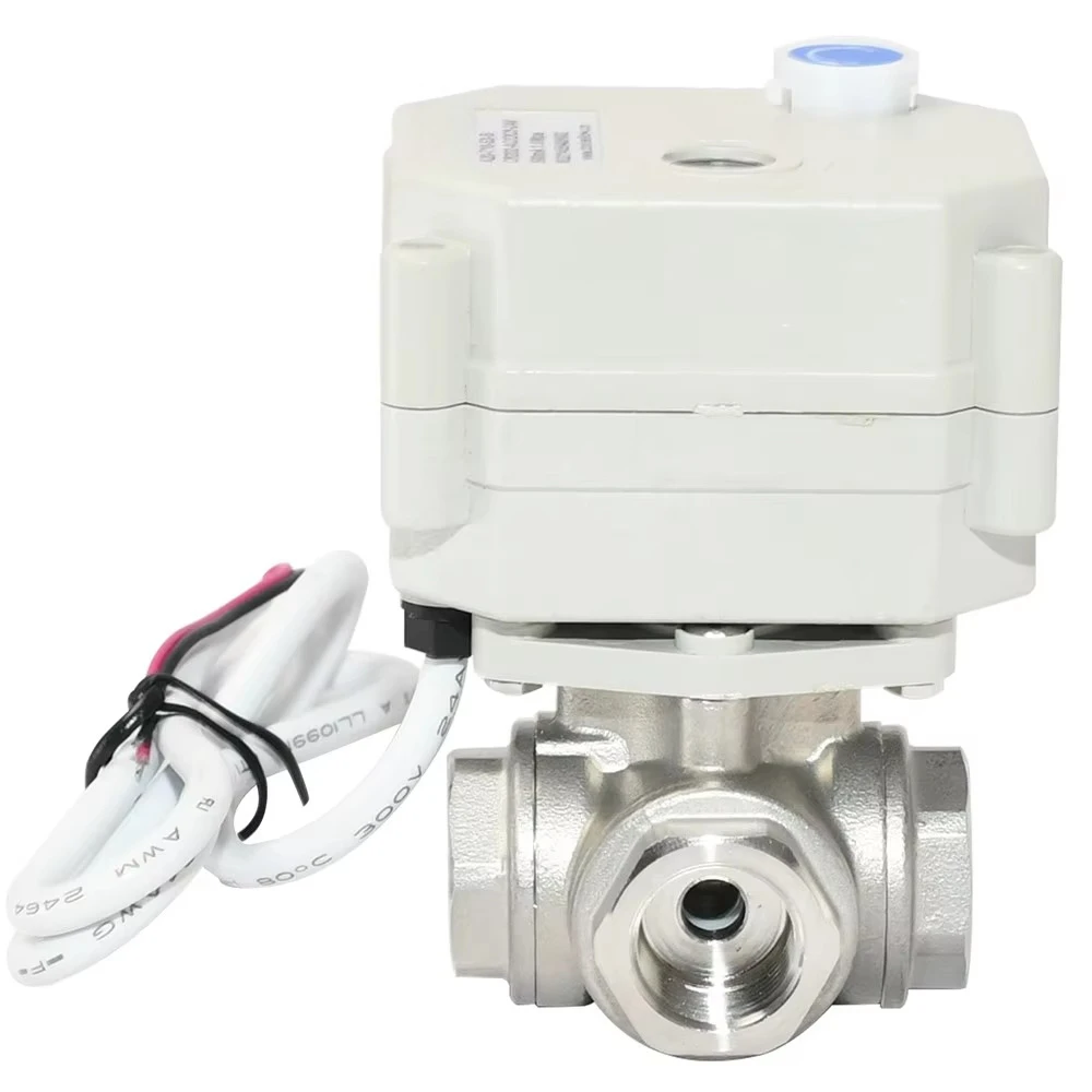 3-Way DN8/DN10/DN15 صمام كروي من الفولاذ المقاوم للصدأ بمحرك تحكم كهربائي 9-24VAC/DC أو 110-230VAC صمام تشغيل/إيقاف إرجاع تلقائي