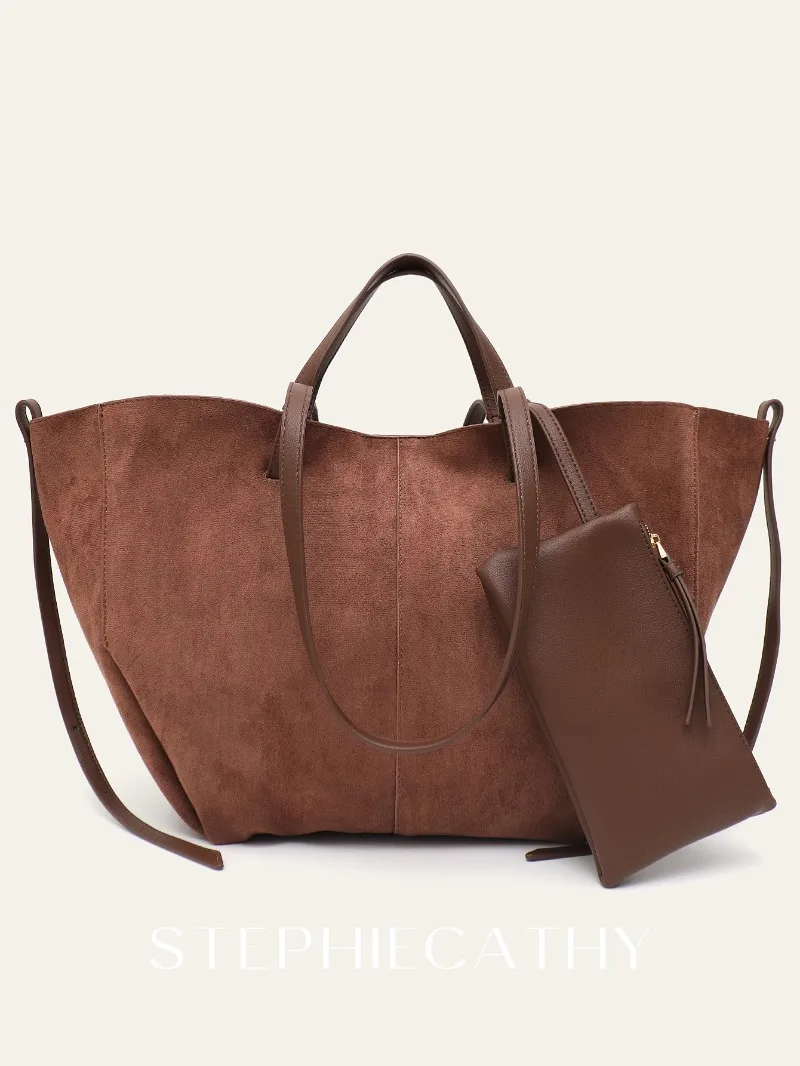 

Женская однотонная мягкая искусственная замша из искусственной кожи, большая сумка-тоут, простая большая вместительная сумка на плечо, кошелек, повседневные покупки, поездки на работу