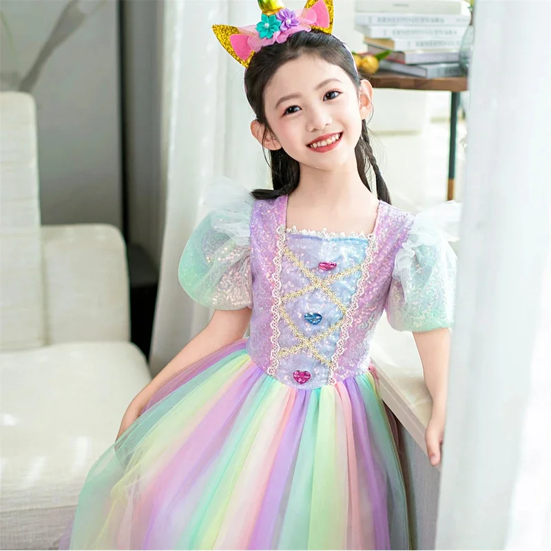 فستان أرجواني على شكل وحيد القرن للفتيات أزياء الهالوين بألوان قوس قزح للأميرة لأعياد ميلاد الأطفال ملابس كرتونية لحفلات الكرنفال الخيالية