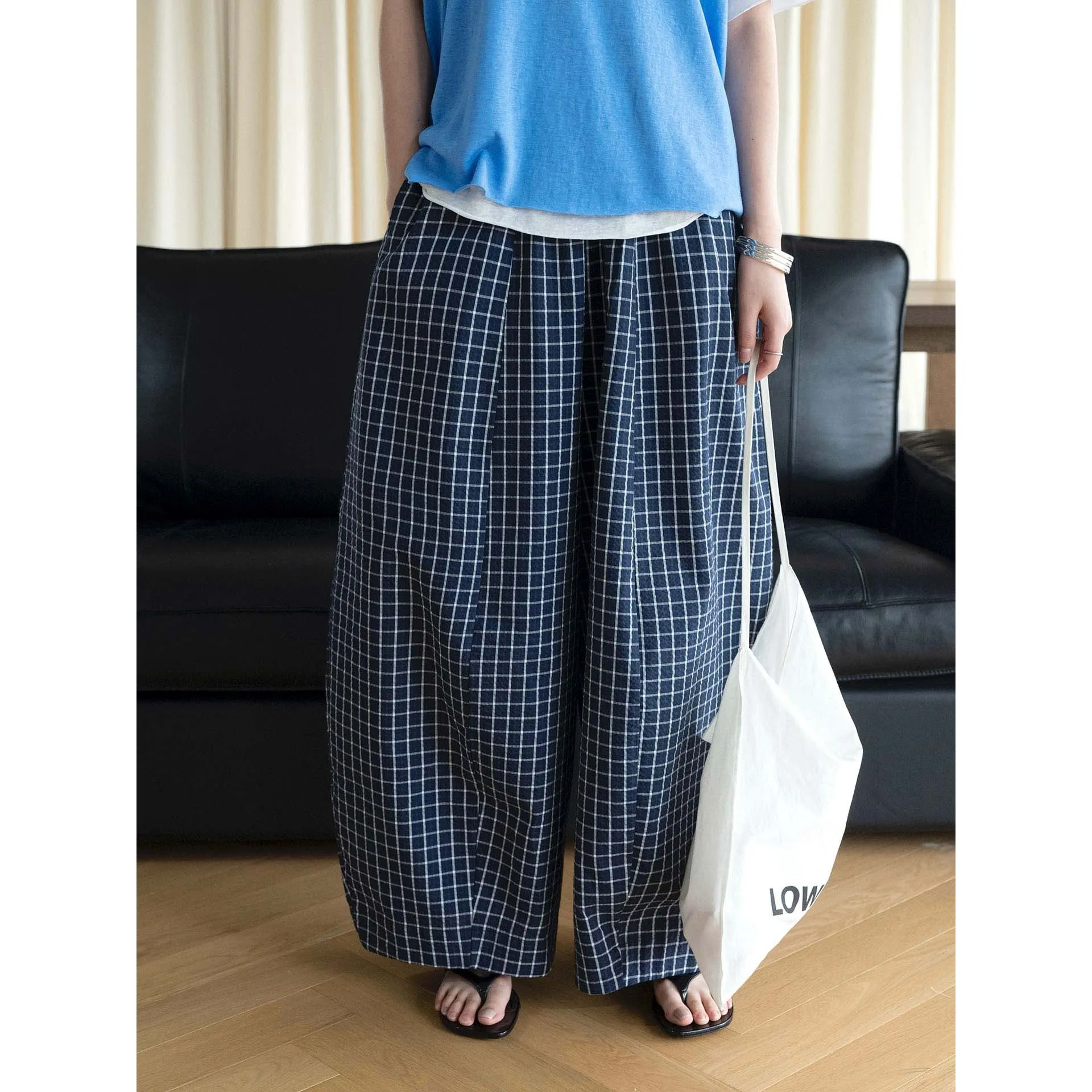FANAN Women Plaid Wide Leg Pants Elastic Waist Loose Baggy Trousers Casual Soft Checkered Pants For Daily Loungewear