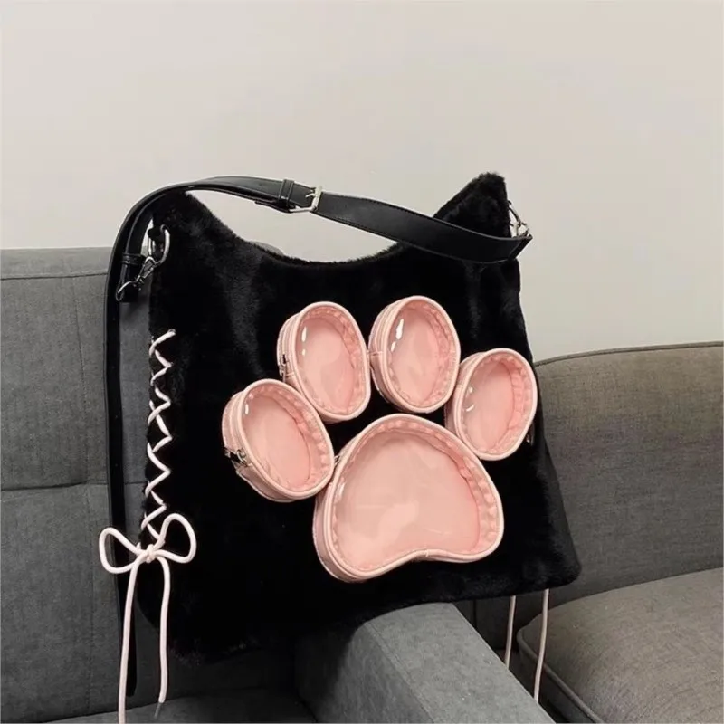 

JIAERDI Sweet Cute Cat Claw Backpack Women Plush Soft Large Capacity Handbag Messenger Bag Female Transparent Mochila Aesthetic
