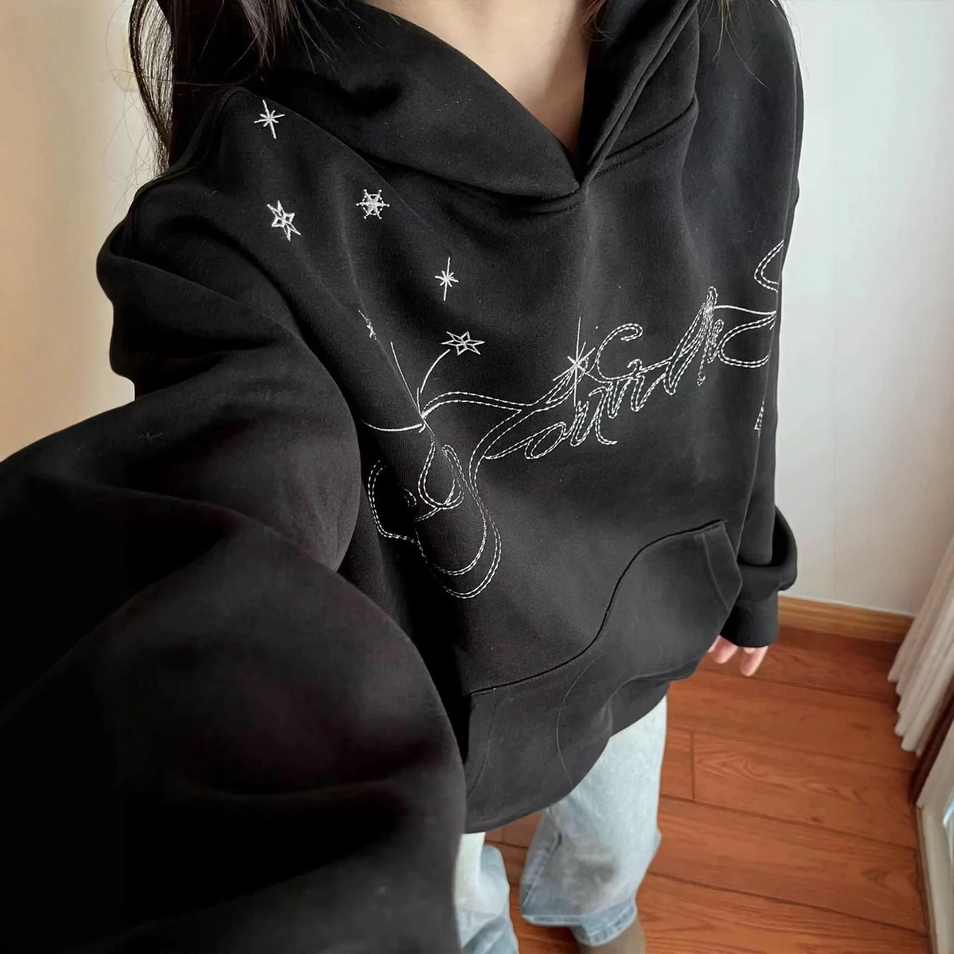 Korean High Street Embroidered Star Hoodie Autumn Winter Loose Casual Women's Hoodie Sweatshirt Coat Y2k Streetwear