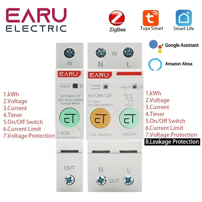 1P 2P TUYA APP Zigbee WIFI Smart Energy Power Consumption kWh Meter Circuit Breaker Time Relay Switch Leakage Voltage Protection